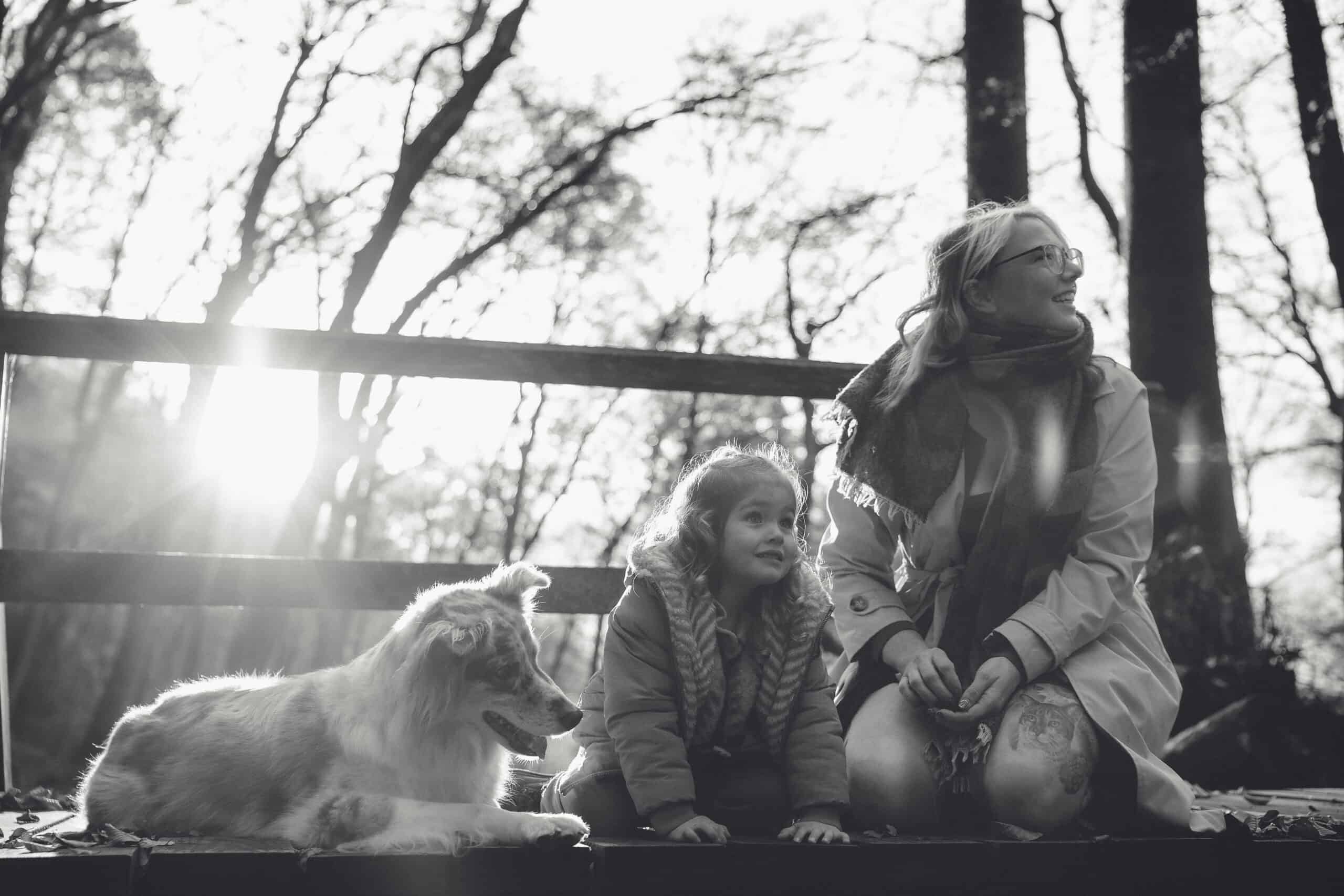 Ontspannen vrouw, meisje en hond genieten buiten in het bos met zonlicht op de achtergrond.